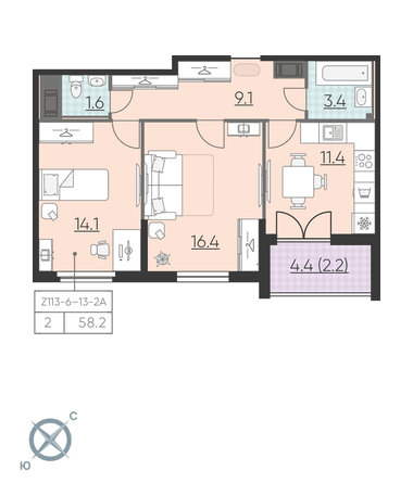 2-комнатная, 59 м² — ЖК ЖК Цивилизация на Неве