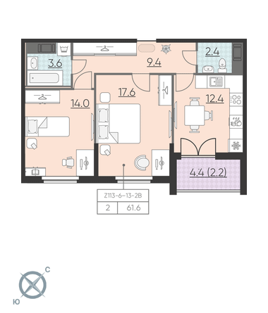 2-комнатная, 62 м² — ЖК ЖК Цивилизация на Неве