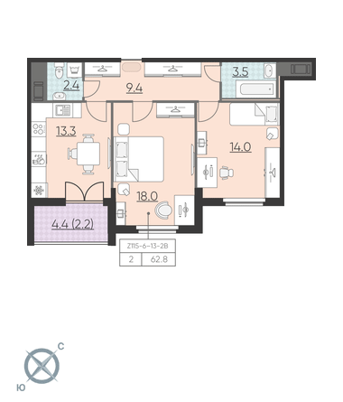 2-комнатная, 63 м² — ЖК ЖК Цивилизация на Неве