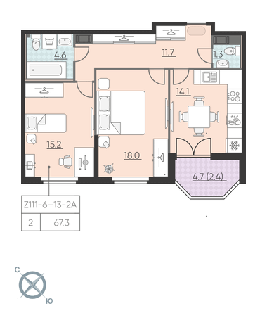 2-комнатная, 67 м² — ЖК ЖК Цивилизация на Неве