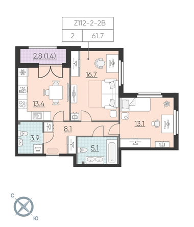 2-комнатная, 62 м² — ЖК ЖК Цивилизация на Неве