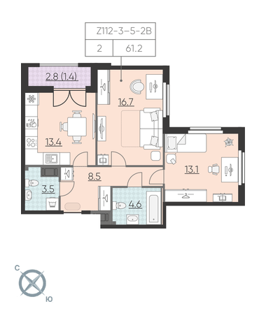 2-комнатная, 61 м² — ЖК ЖК Цивилизация на Неве