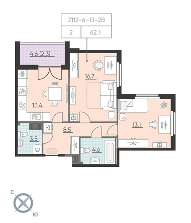 2-комнатная, 62 м² — ЖК ЖК Цивилизация на Неве