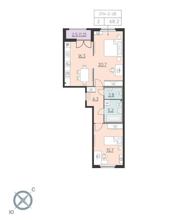 2-комнатная, 68 м² — ЖК ЖК Цивилизация на Неве