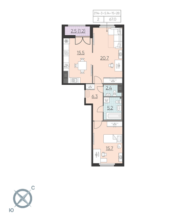 2-комнатная, 67 м² — ЖК ЖК Цивилизация на Неве