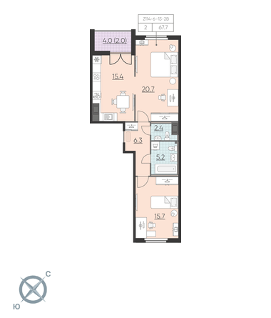 2-комнатная, 68 м² — ЖК ЖК Цивилизация на Неве