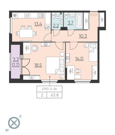 2-комнатная, 64 м² — ЖК ЖК Цивилизация на Неве