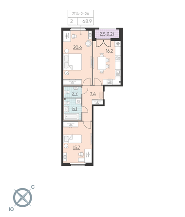 2-комнатная, 69 м² — ЖК ЖК Цивилизация на Неве