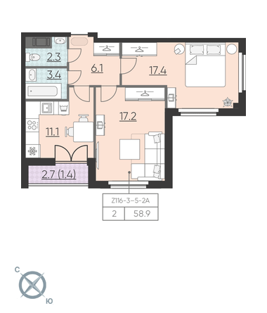 2-комнатная, 59 м² — ЖК ЖК Цивилизация на Неве