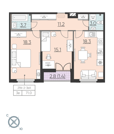 2-комнатная, 71 м² — ЖК ЖК Цивилизация на Неве