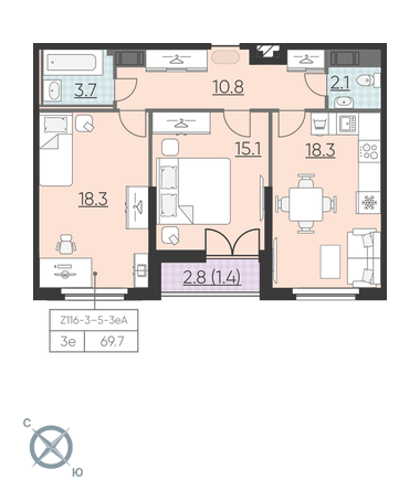 2-комнатная, 70 м² — ЖК ЖК Цивилизация на Неве