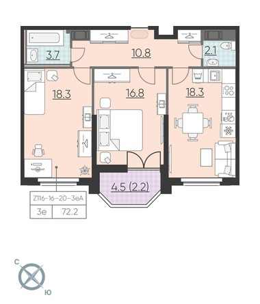 2-комнатная, 72 м² — ЖК ЖК Цивилизация на Неве