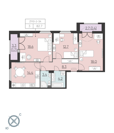 3-комнатная, 83 м² — ЖК ЖК Цивилизация на Неве