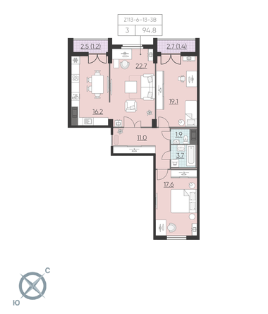 3-комнатная, 93 м² — ЖК ЖК Цивилизация на Неве