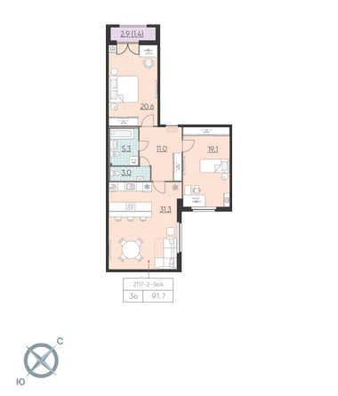 2-комнатная, 92 м² — ЖК ЖК Цивилизация на Неве
