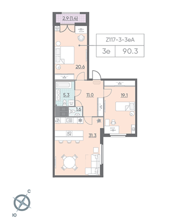 2-комнатная, 90 м² — ЖК ЖК Цивилизация на Неве