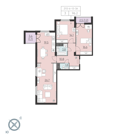 3-комнатная, 96 м² — ЖК ЖК Цивилизация на Неве