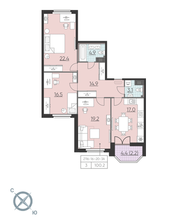 3-комнатная, 100 м² — ЖК ЖК Цивилизация на Неве