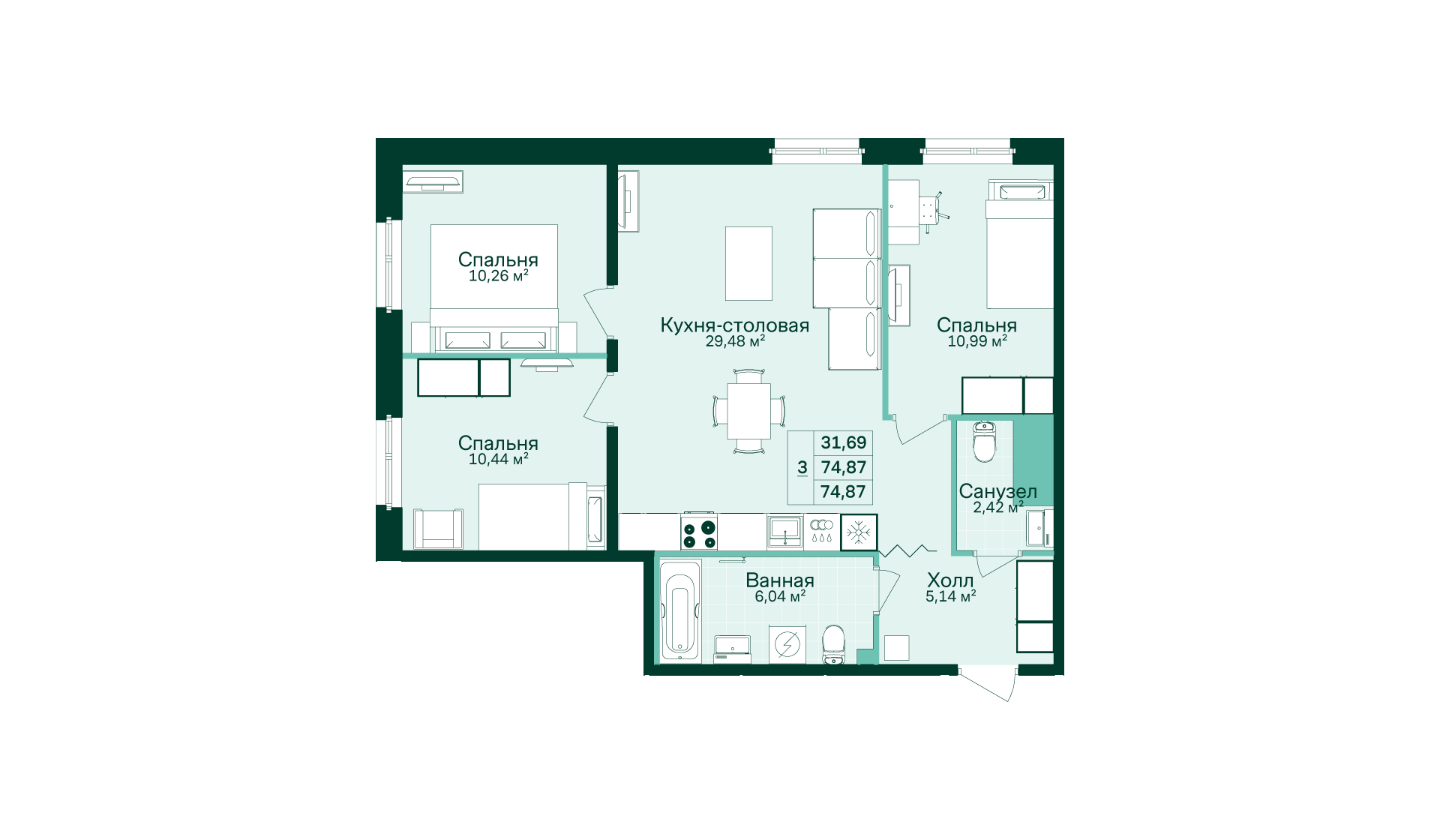 3-комнатная, 75 м² — ЖК ЖК Магнифика Резиденс (Magnifika Residence)