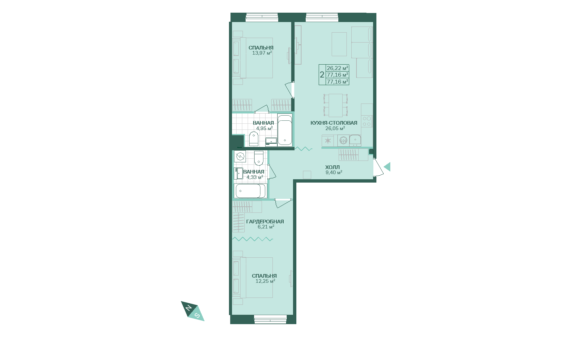 2-комнатная, 77 м² — ЖК ЖК Магнифика Резиденс (Magnifika Residence)
