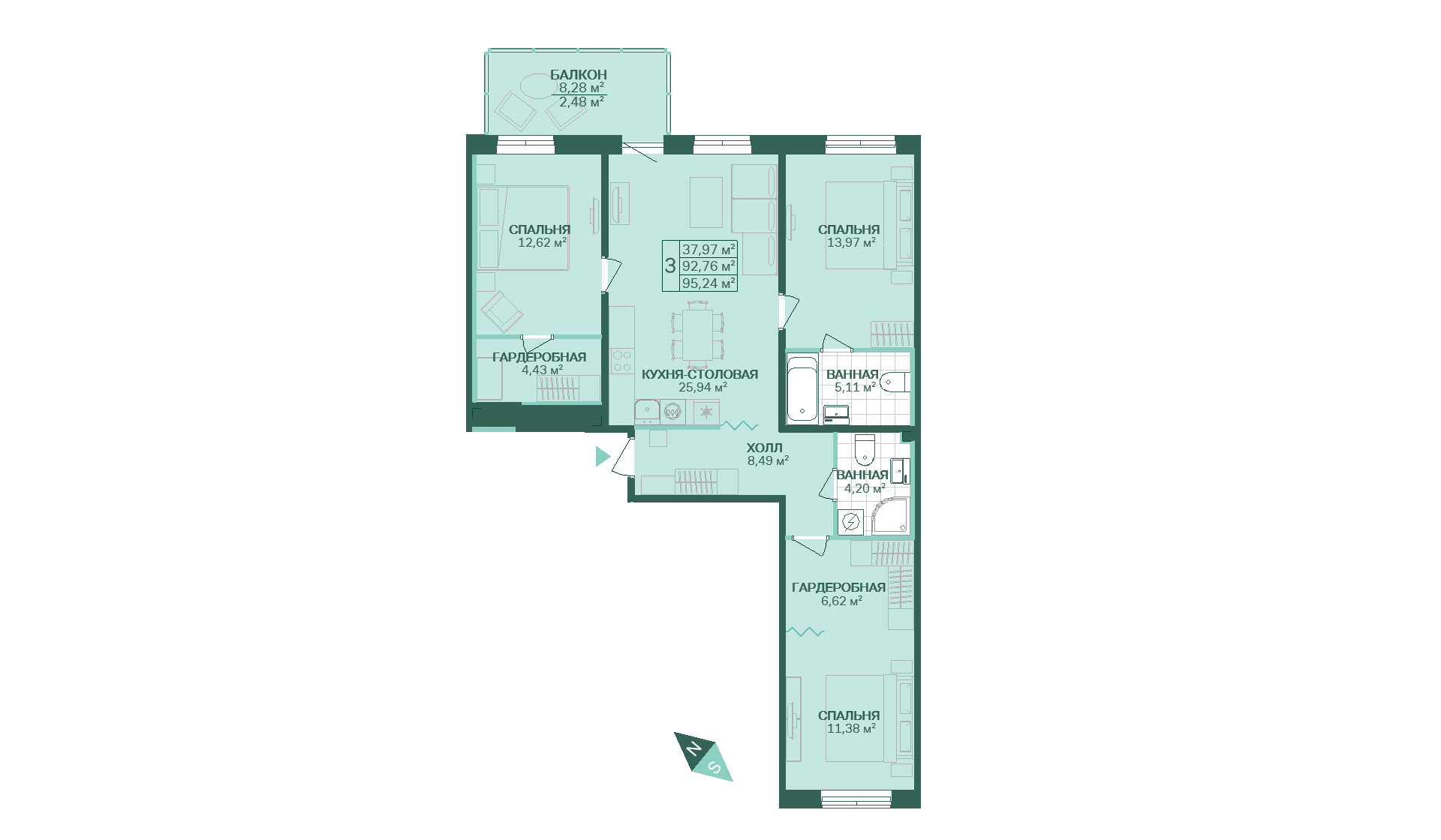 3-комнатная, 95 м² — ЖК ЖК Магнифика Резиденс (Magnifika Residence)