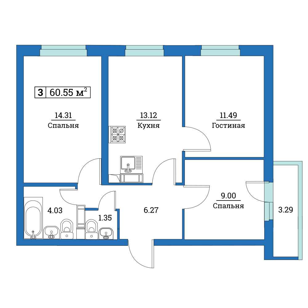 3-комнатная, 61 м² — ЖК ЖК Цвета радуги
