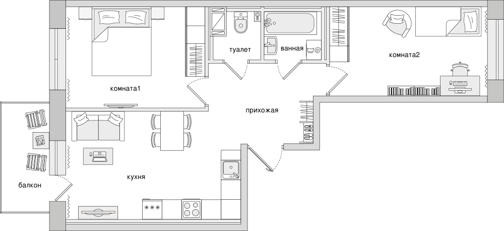 2-комнатная, 60 м² — ЖК ЖК Северный