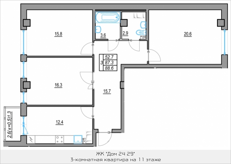 3-комнатная, 87 м² — ЖК Жилой дом 24 29