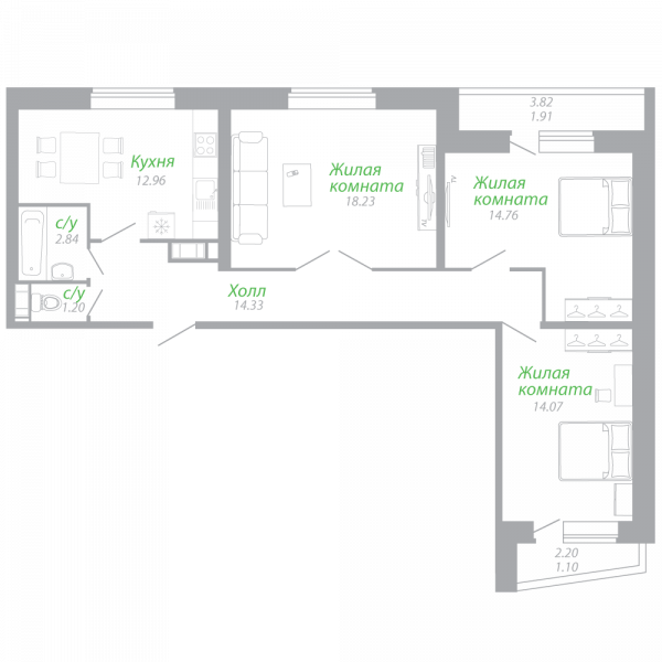 3-комнатная, 80 м² — ЖК Жилой квартал Малая Охта