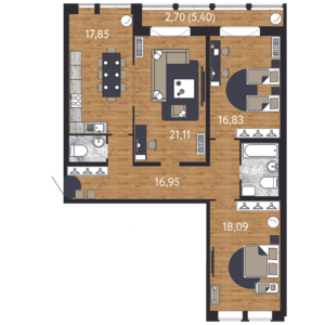 3-комнатная, 74 м² — ЖК ЖК "Георг Ландрин"