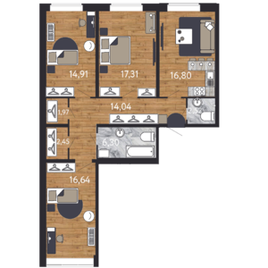 3-комнатная, 65 м² — ЖК ЖК "Георг Ландрин"