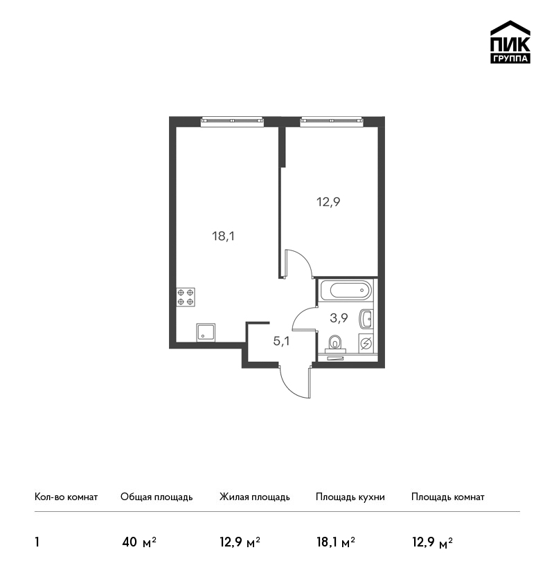 1-комнатная, 40 м² — ЖК ЖК Дальневосточный 15