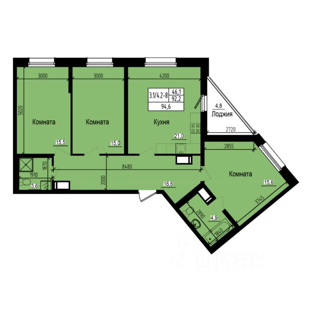 3-комнатная, 94.6 м² — ЖК ЖК Прагма city (Прагма сити)