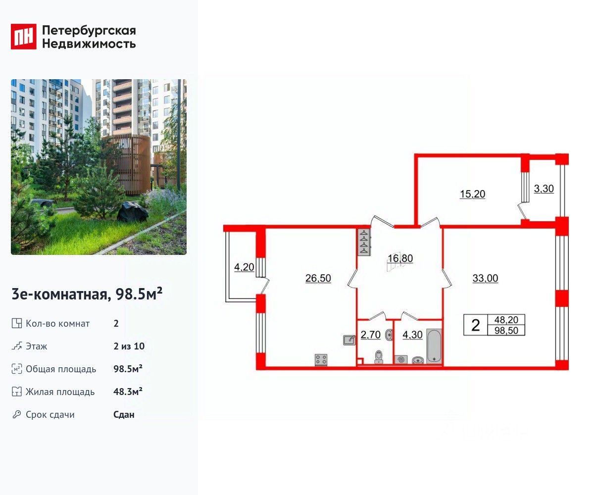 2-комнатная, 98.5 м² — ЖК ЖК Svetlana park (Светлана парк)