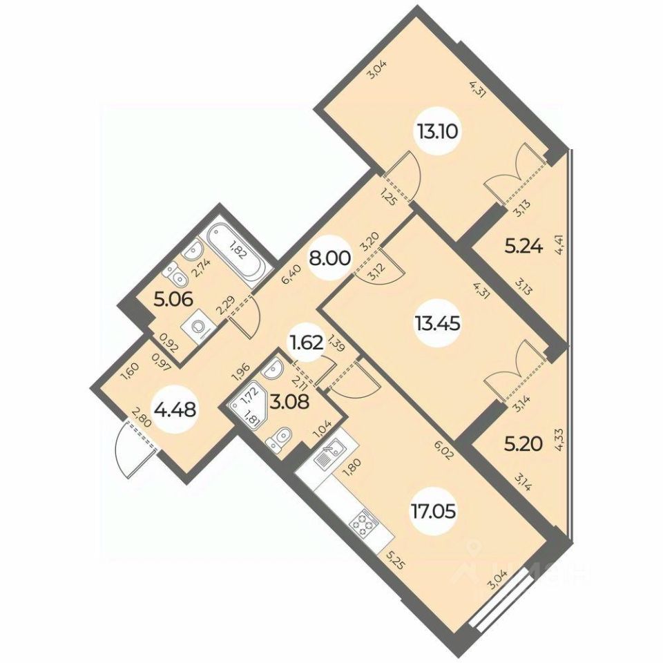 2-комнатная, 71.06 м² — ЖК ЖК «Огни Залива»