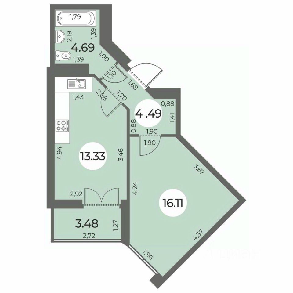 1-комнатная, 40.36 м² — ЖК ЖК «Огни Залива»