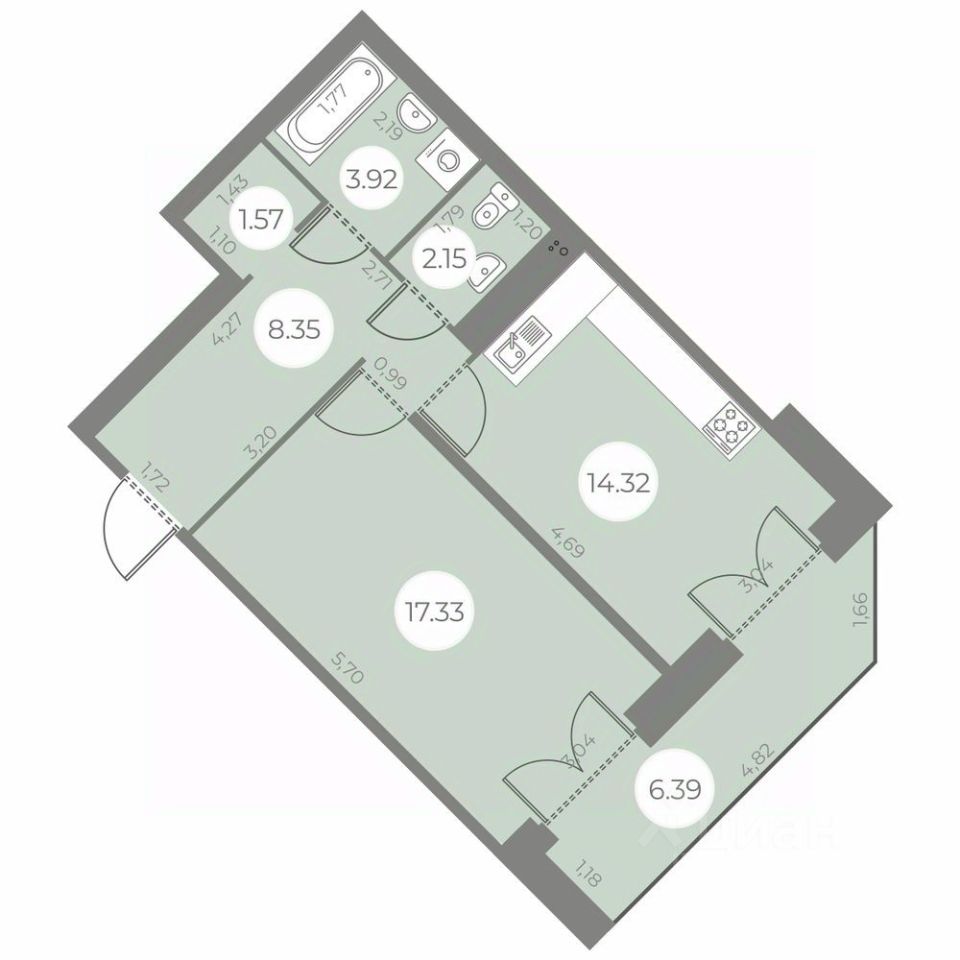 1-комнатная, 50.84 м² — ЖК ЖК «Огни Залива»