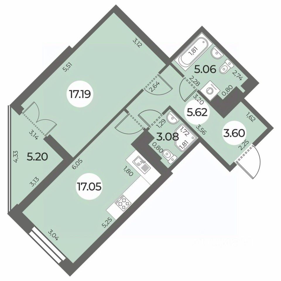 1-комнатная, 54.2 м² — ЖК ЖК «Огни Залива»