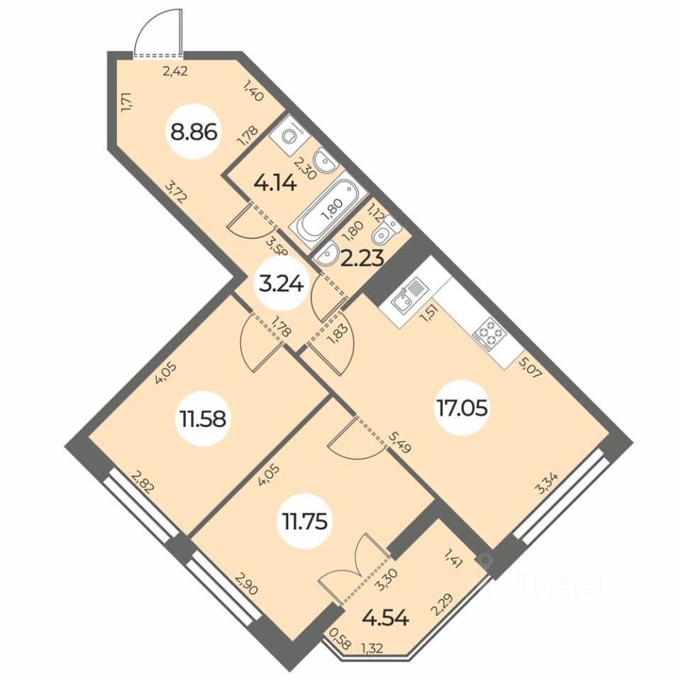2-комнатная, 61.12 м² — ЖК ЖК «Огни Залива»