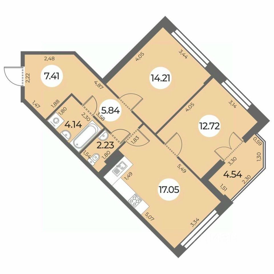 2-комнатная, 65.87 м² — ЖК ЖК «Огни Залива»