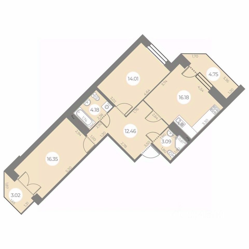 2-комнатная, 70.15 м² — ЖК ЖК «Огни Залива»