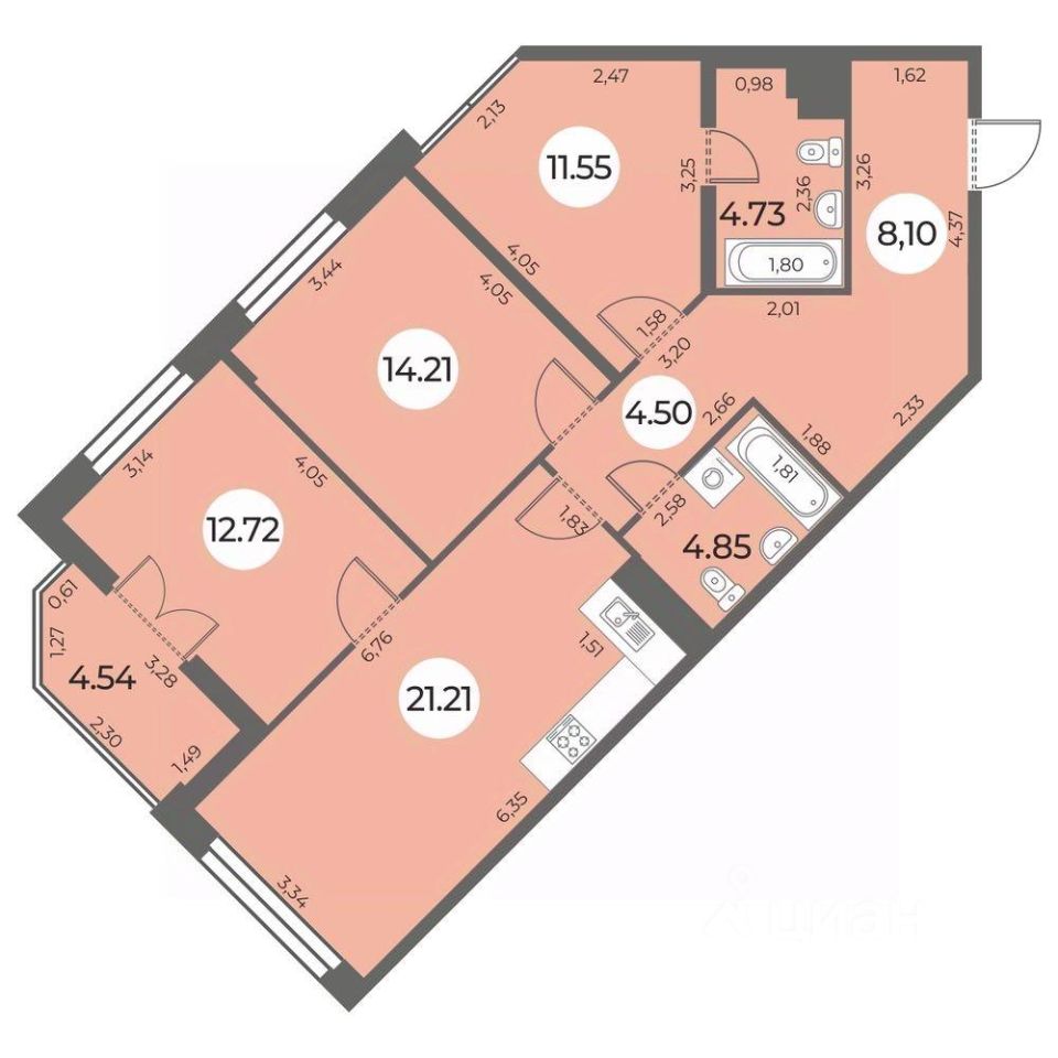 3-комнатная, 84.14 м² — ЖК ЖК «Огни Залива»
