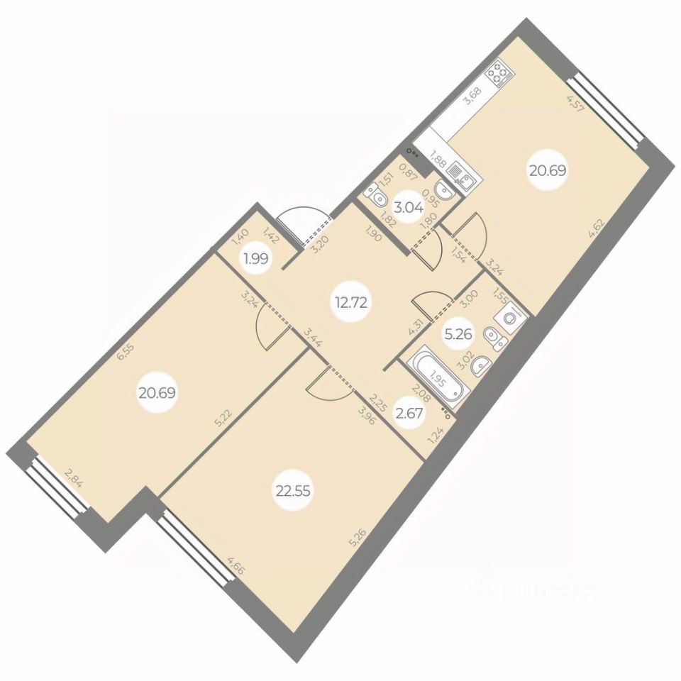2-комнатная, 89.61 м² — ЖК ЖК «Огни Залива»