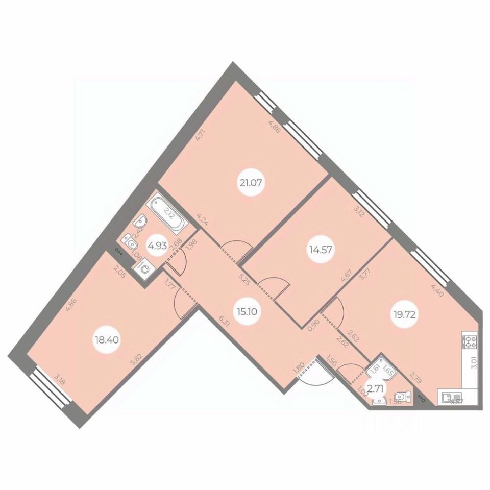 3-комнатная, 96.5 м² — ЖК ЖК «Огни Залива»