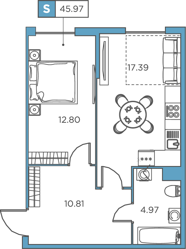 1-комнатная, 45.97 м² — ЖК ЖК Promenade (Променад)