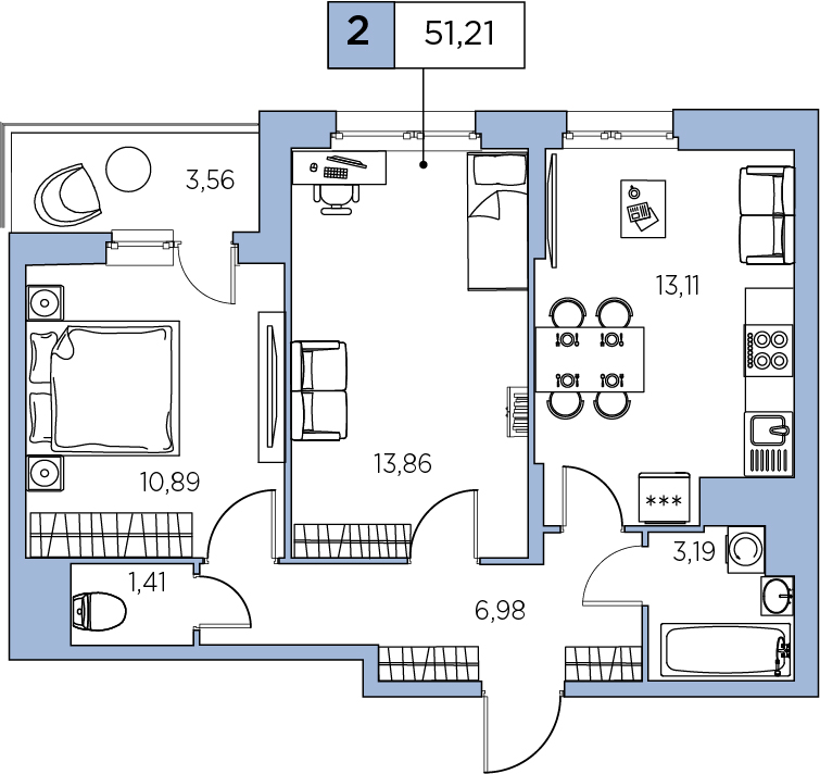 2-комнатная, 51.21 м² — ЖК ЖК Аквилон Sky (Аквилон Скай)