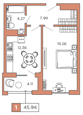1-комнатная, 45.94 м² — ЖК ЖК Promenade (Променад)