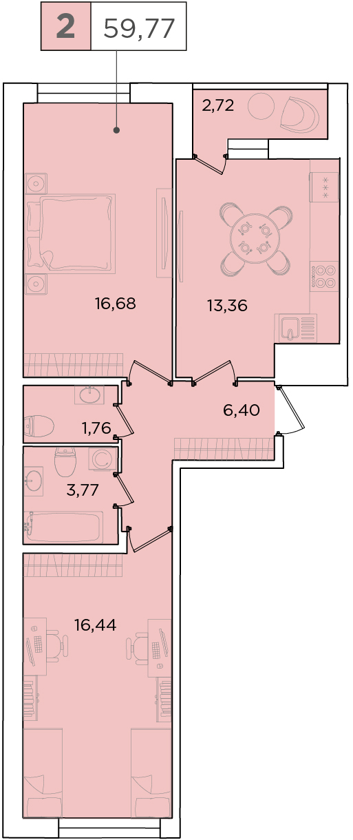 2-комнатная, 59.77 м² — ЖК ЖК Forest Аквилон (Форест Аквилон)