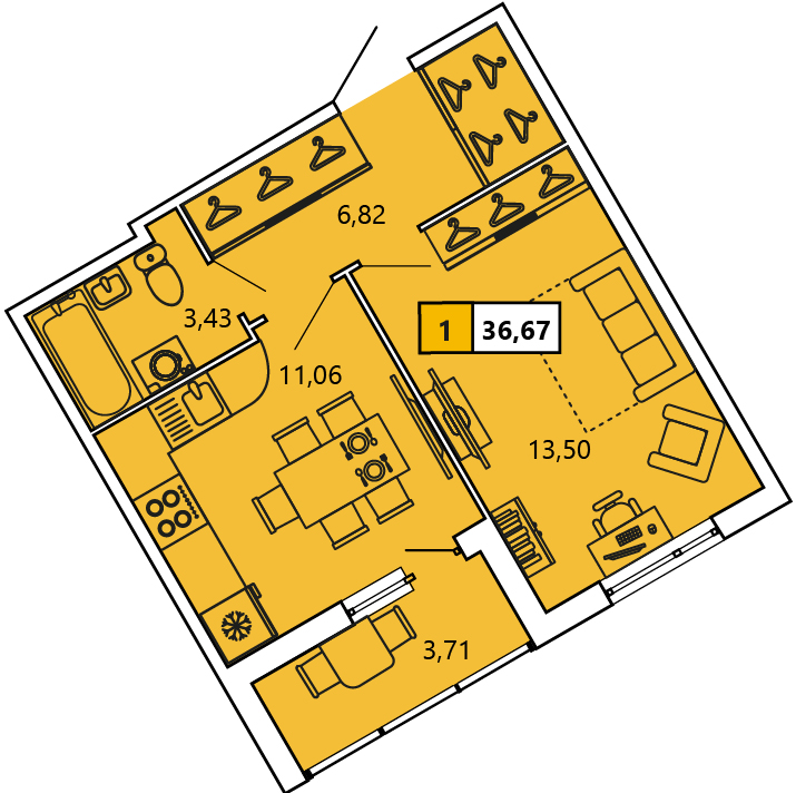 1-комнатная, 36.67 м² — ЖК ЖК «Ол Инклюзив (All Inclusive)»