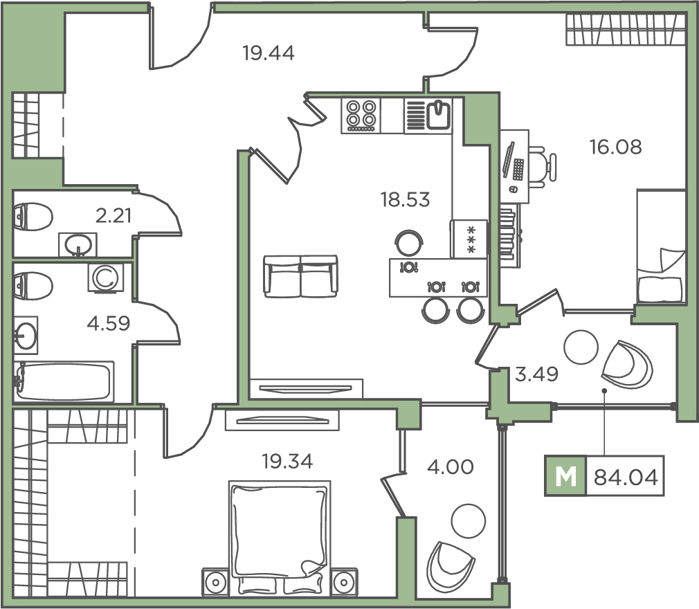 2-комнатная, 84.04 м² — ЖК ЖК Promenade (Променад)